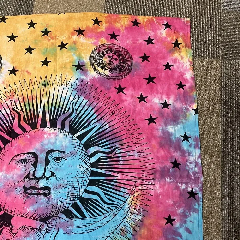 Psychedelic Sun Moon Stars Tie Dye Mandala Tapestry Hippie Hippy Celestial Wall
